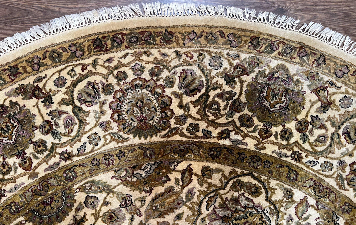 Round Indo Persian Rug 8 by 8 ft Hand Knotted Vintage Wool Circular Carpet Floral Medallion Cream and Green