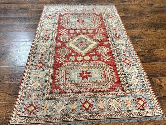 Turkish Kazak Rug Handmade Vintage Wool Carpet Geometric Design Red And Light Blue
