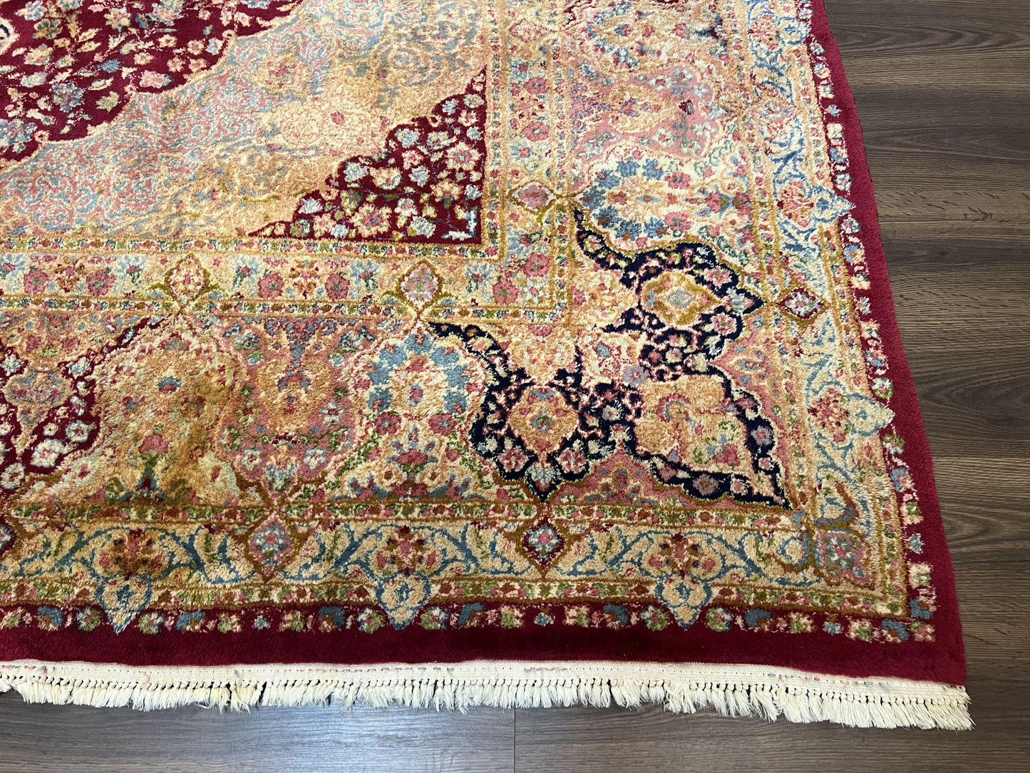 Persian Rug 9x12, Kirman DeLuxe, Millefleur Floral Medallion Carpet, Maroon Light Blue Beige, Semi Antique Authentic Hand Knotted Wool Rug