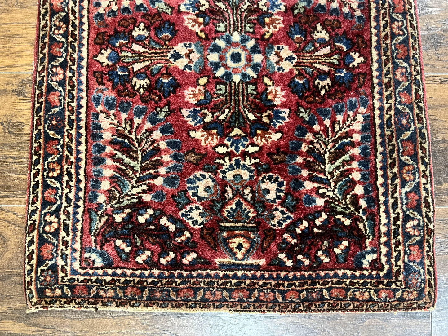 Antique Persian Sarouk Rug Small Two By Two And A Half Wool Handmade Red Floral 1920s 170 KPSI