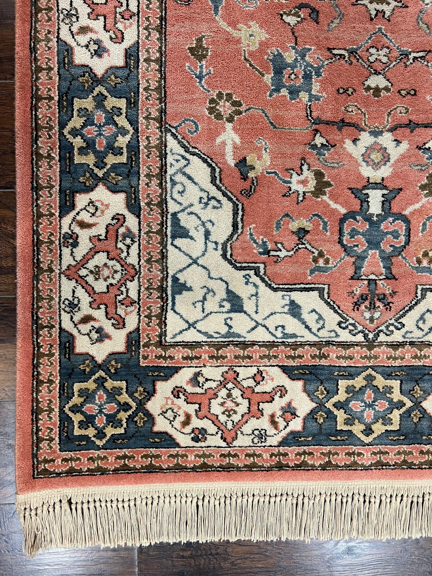 Karastan Rug 4x6 Bergama Design #737, Karastan Area Rug, Vintage Wool Karastan Carpet, Original Collection 700 Series, Salmon Red Light Blue