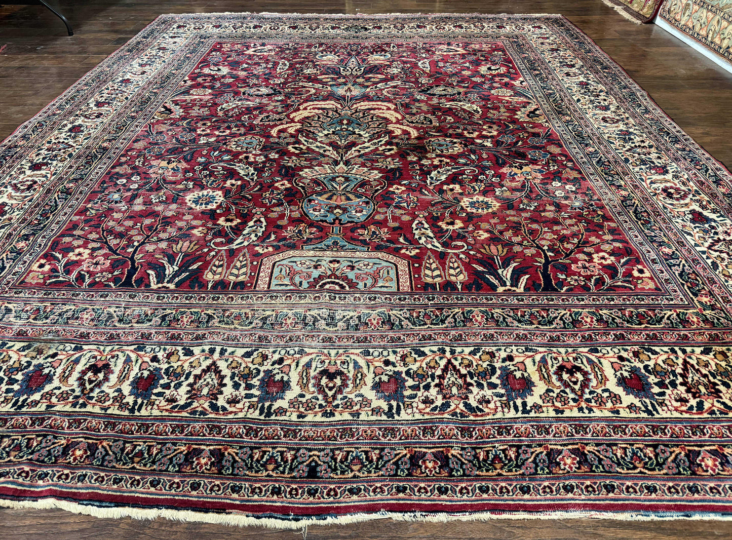 Antique Persian Mashad Rug 10x12 Hand Knotted Signed By Master Weaver Red Ivory Wool