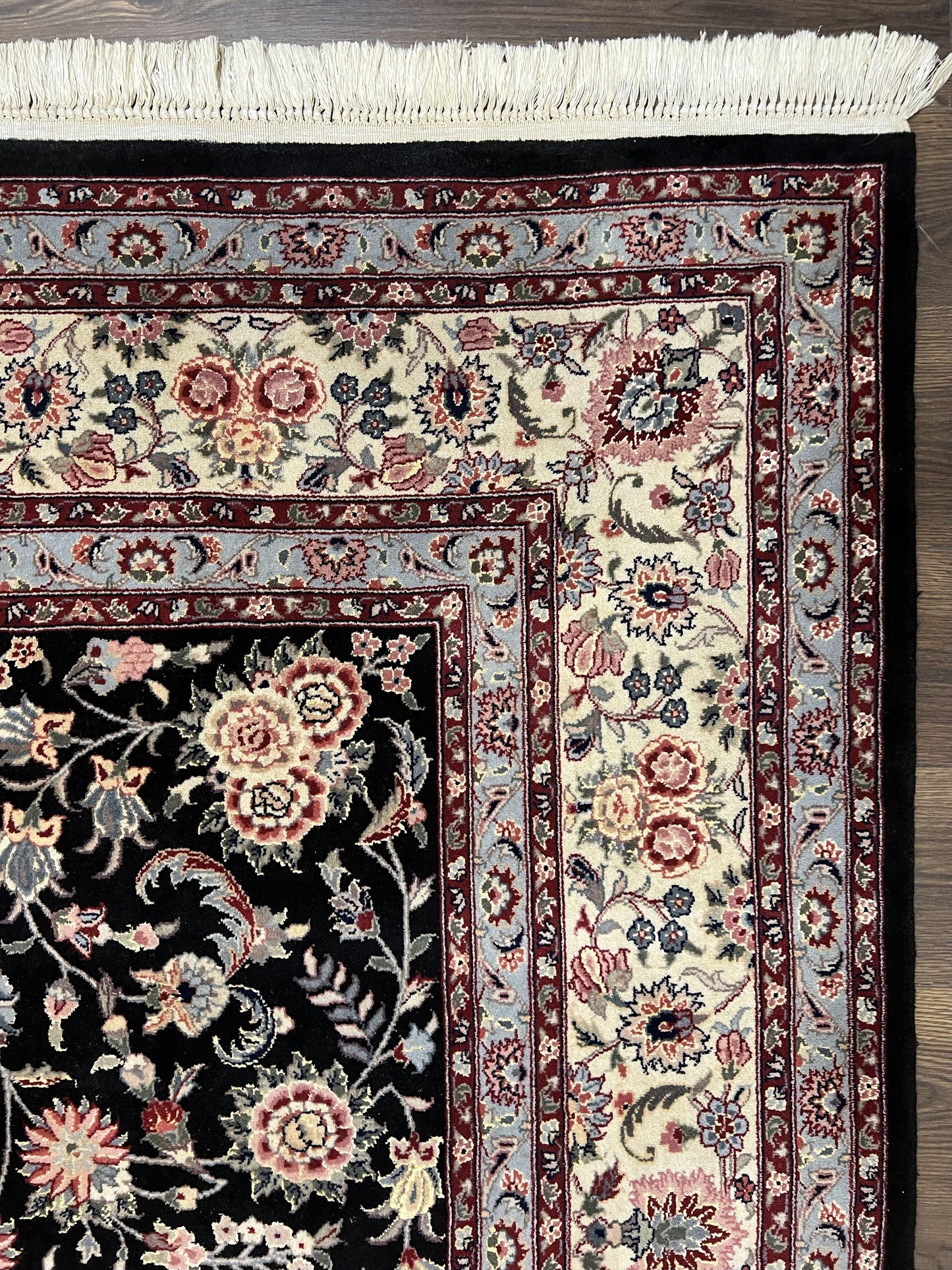 Hand Knotted Persian Rug 9x12 Wool Silk Highlights Vintage Black Cream