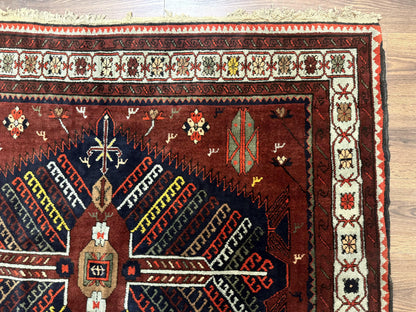 Antique Persian Tribal Rug 5 x 7.8, Triple Medallions, Red, Persian Afshar Rug