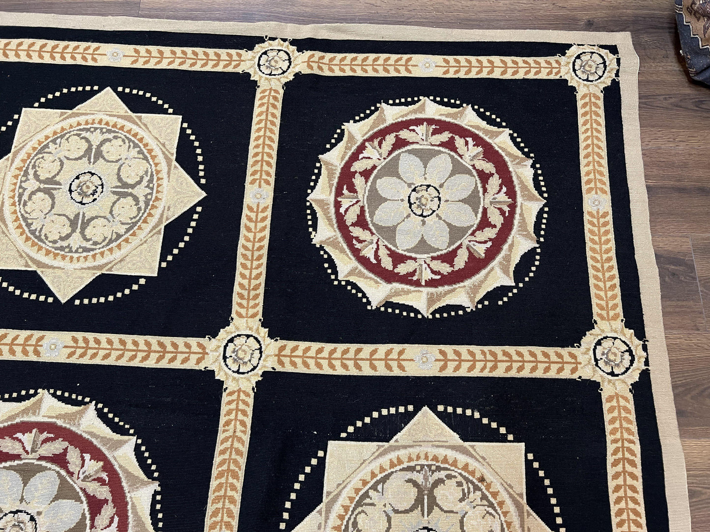 Large Needlepoint Rug 10x13, Panel Design, Black and Beige, Wool Needlepoint Carpet 10 x 13, English Garden, Handwoven Area Rug, Living Room