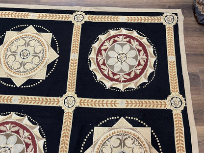 Large Needlepoint Rug 10x13, Panel Design, Black and Beige, Wool Needlepoint Carpet 10 x 13, English Garden, Handwoven Area Rug, Living Room