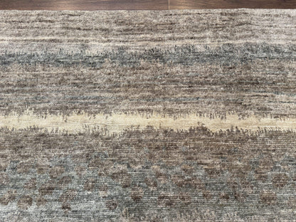 Modern Tibetan Wool Rug 8x10, Abstract, Contemporary, Handmade, Gray, Stripes