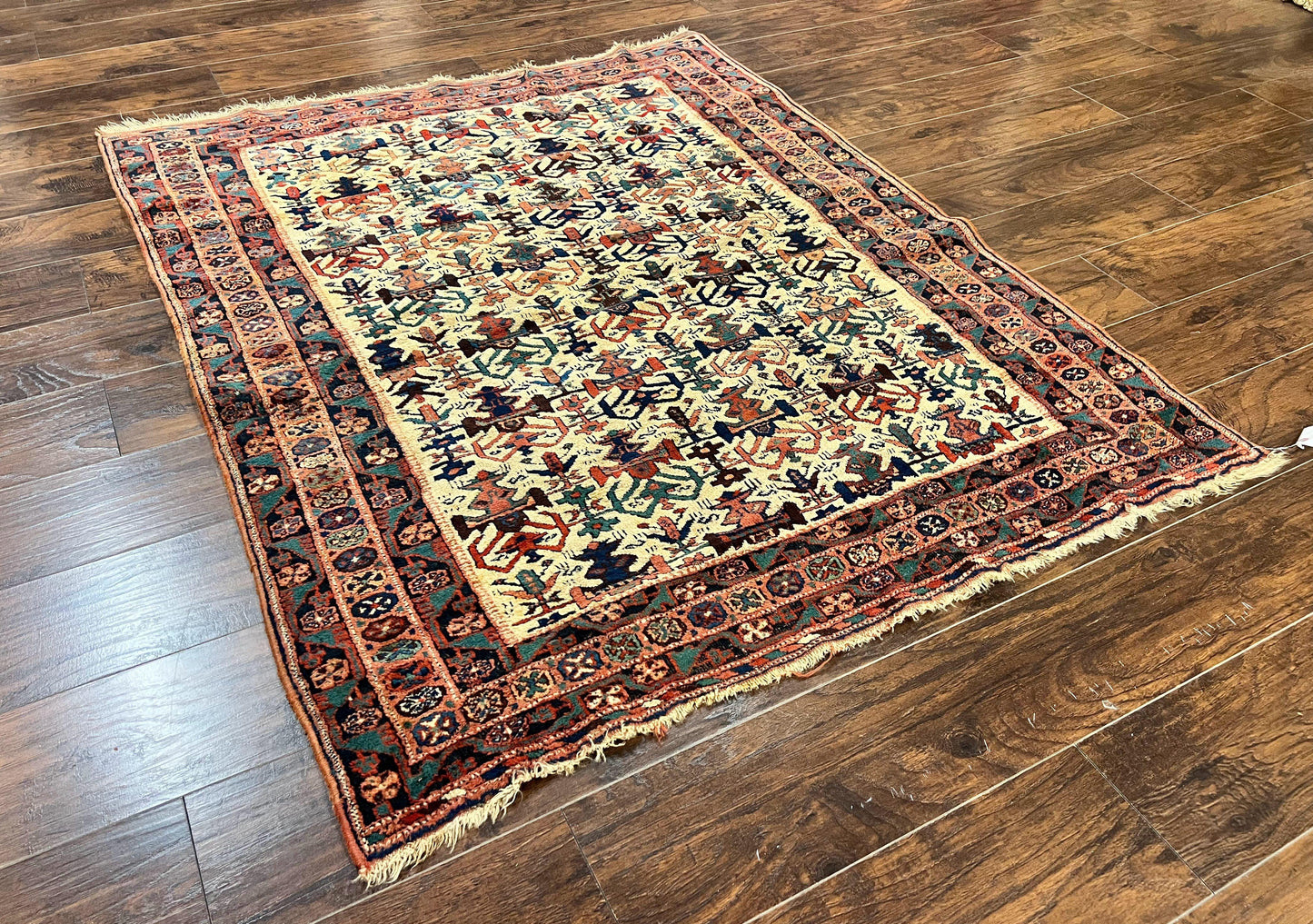 Persian Afshar Rug 5x6, Allover Repeated Motif, Wool Tribal Carpet, Handmade Semi Antique Rug