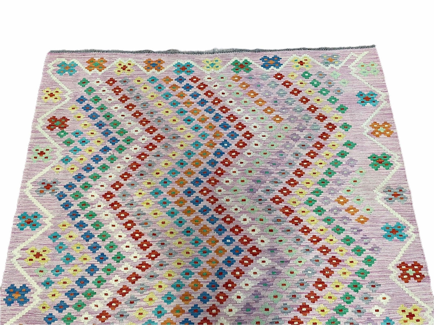 Kilim Rug 6x8 Pink Turkish Handwoven Flat Weave Chobi Multicolor