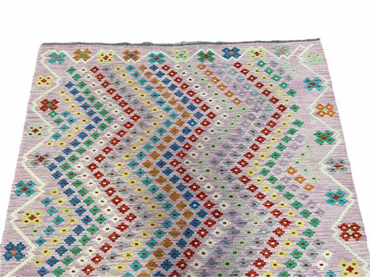 Kilim Rug 6x8 Pink Turkish Handwoven Flat Weave Chobi Multicolor