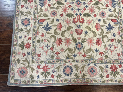 Hand Stitched Indian Rug Floral Vintage Wool Area Rug 4x5 Hand Embroidered