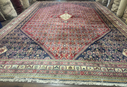 Persian Shiraz Rug 13x19 Oversized Herati Hex Medallion Brick Red Navy Beige