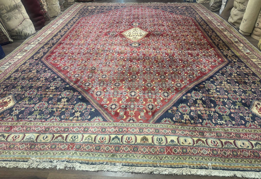 Persian Shiraz Rug 13x19 Oversized Herati Hex Medallion Brick Red Navy Beige