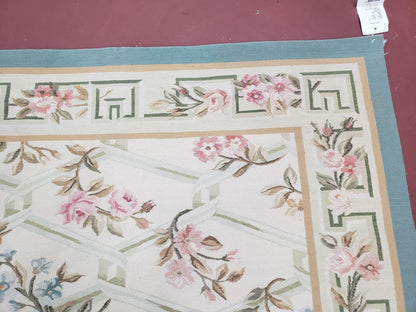 Vintage Aubusson Area Rug, Aubusson Flat weave Carpet, Floral Geometric Pattern, Beige Teal Green, 4x6 Rug, European Design