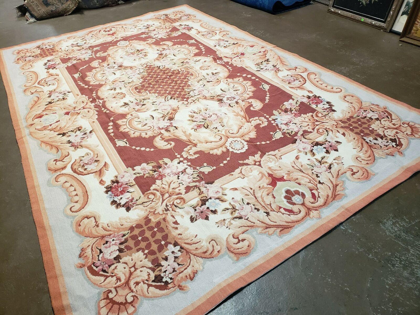 Vintage Chinese Needlepoint Wool Rug Flat Weave 6 By 9 Ft Handmade 1980s