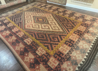 Antique Persian Kilim Rug 9x12 Zarand Handwoven Wool Zigzag Pattern In Earth Tones