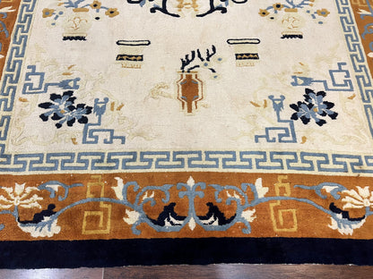 Indo Chinese Rug 9x12, Asian Oriental Carpet 9 x 12, Cream & Burnt Orange, Handmade Wool Vintage Art Deco Rug