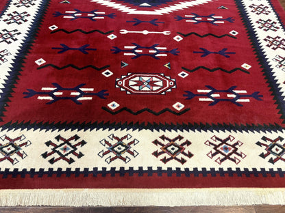 Power Loomed Navajo Area Rug 8x11 Dark Red Ivory Bohemian Tribal Design