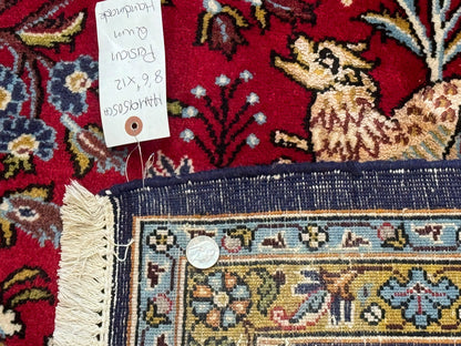 Persian Qum Rug 9x12 Tree of Life Pictorial With Deer Birds Floral In Red And Navy