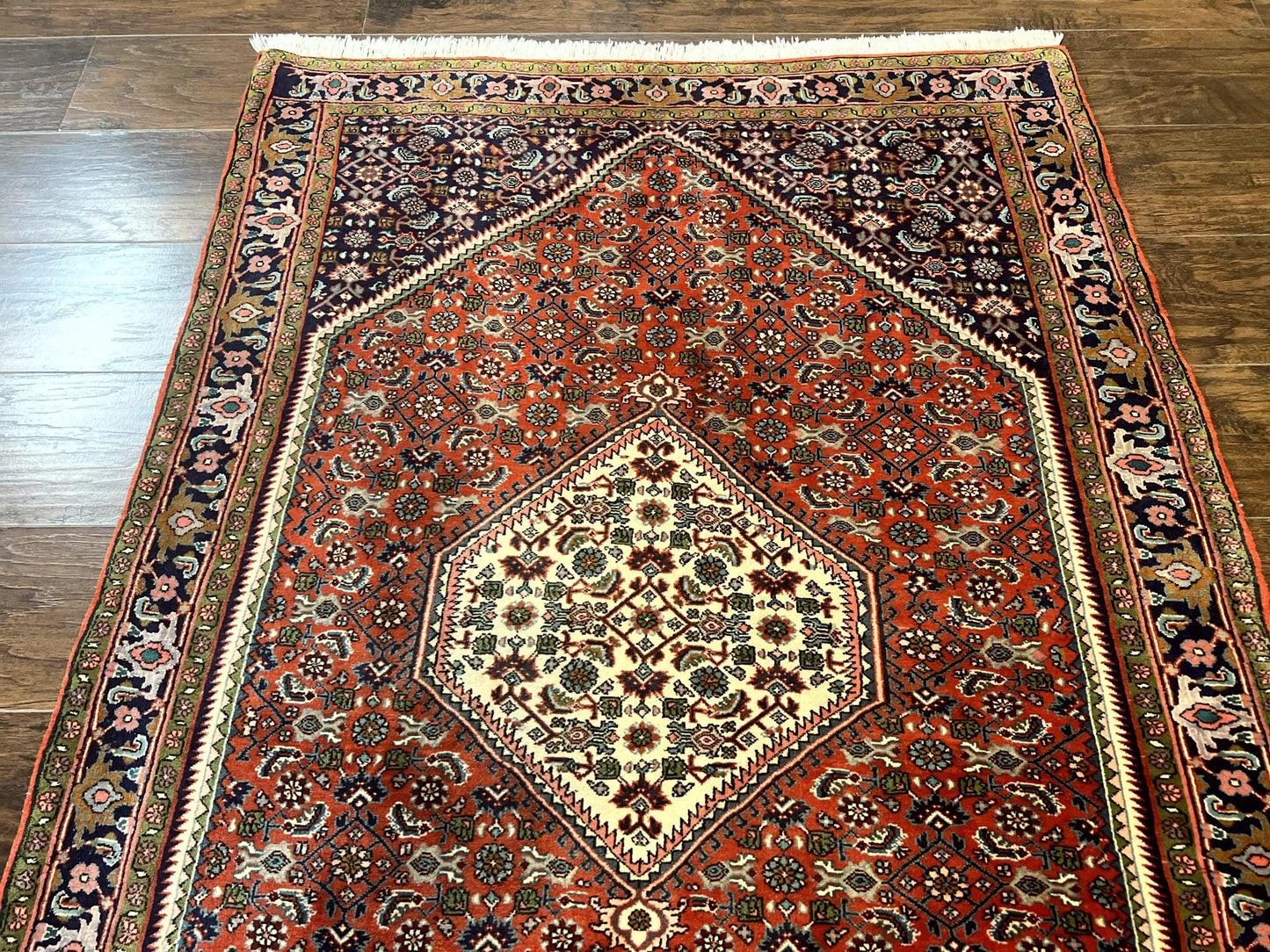 Persian Bidjar Rug 4x5, Finely Hand Knotted Vintage Carpet, Red and Navy Blue, Handmade Wool Rug, 180 KPSI