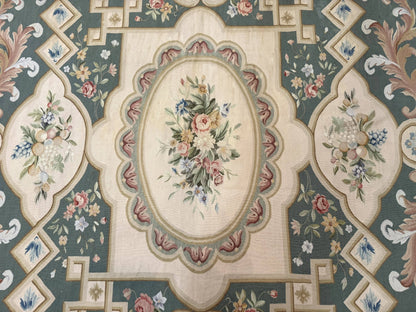 Aubusson Rug 9x12 Muted Sage Green Cream European Design Handwoven Wool