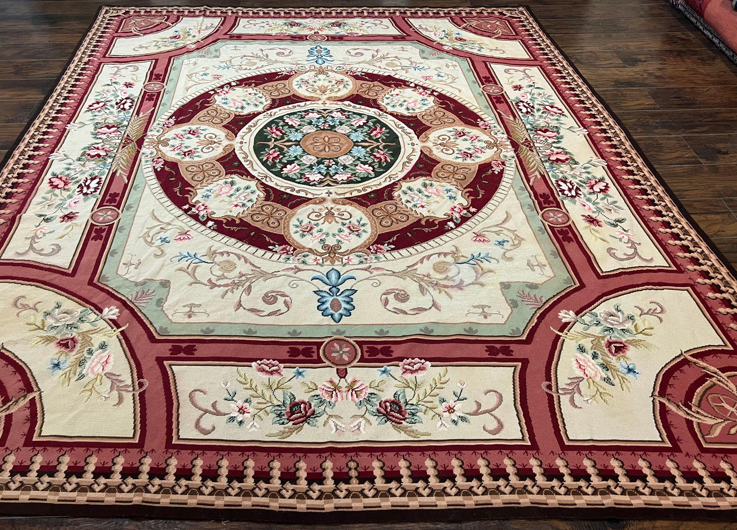 Needlepoint Rug 7.9 x 9, Beige Maroon Rose, Handmade Handwoven Flatweave Aubusson Savonnerie French European Elegant Carpet, Wool Rug