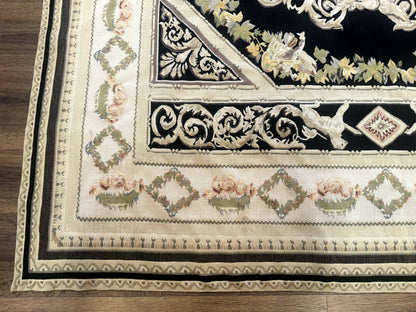 Vintage Aubusson Rug 6x8 Wool Hand Knotted European Design Lion Pictorial Black