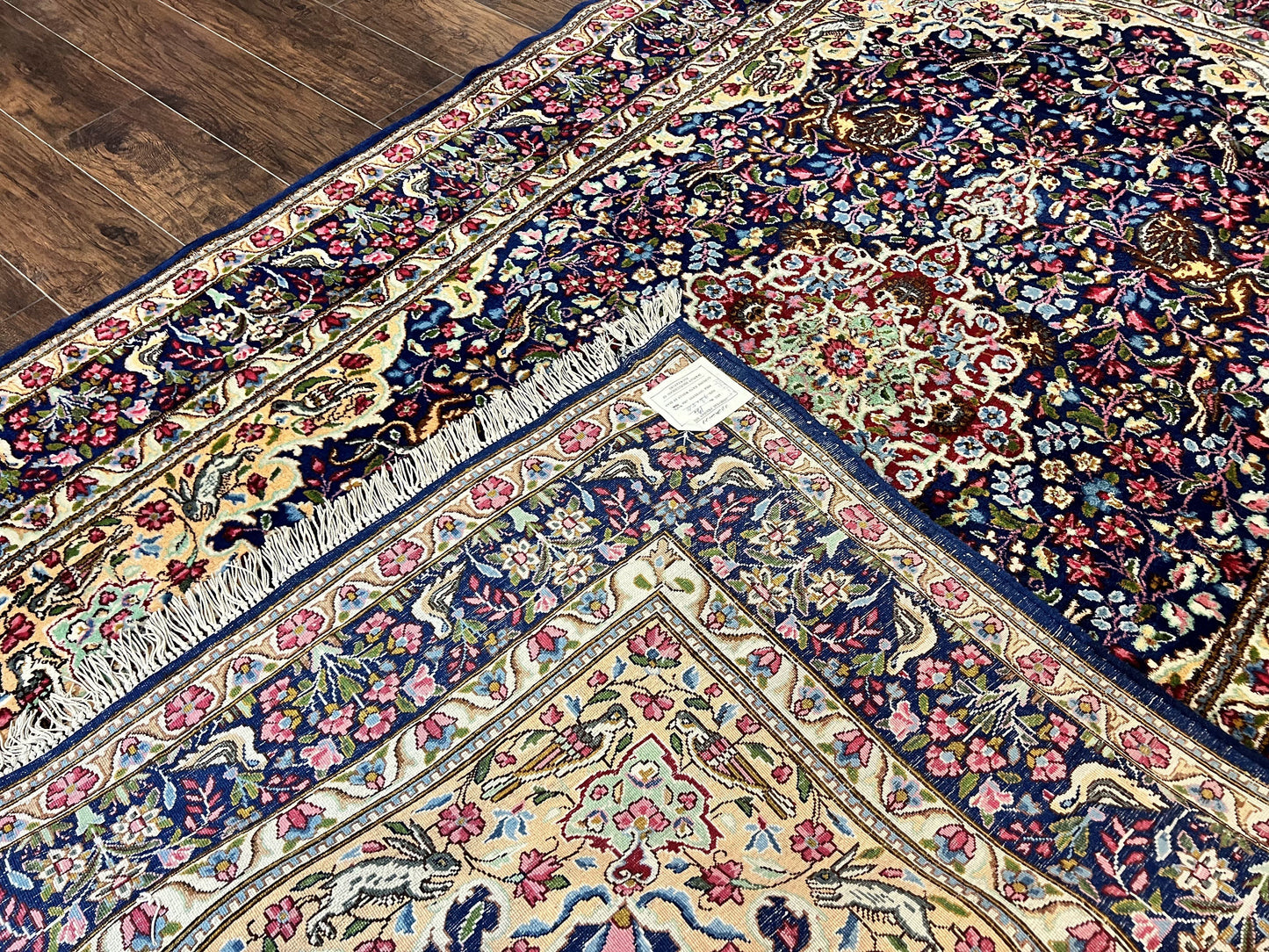 Persian Kirman Rug 6x9, Floral Medallion Vintage Wool Handmade Carpet 6 x 9, Animal Pictorials Birds, Semi Antique, Navy Blue, Millefleur