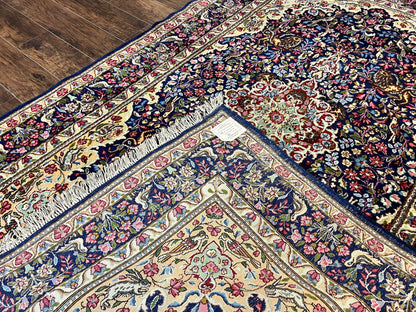 Persian Kirman Rug 6x9, Floral Medallion Vintage Wool Handmade Carpet 6 x 9, Animal Pictorials Birds, Semi Antique, Navy Blue, Millefleur