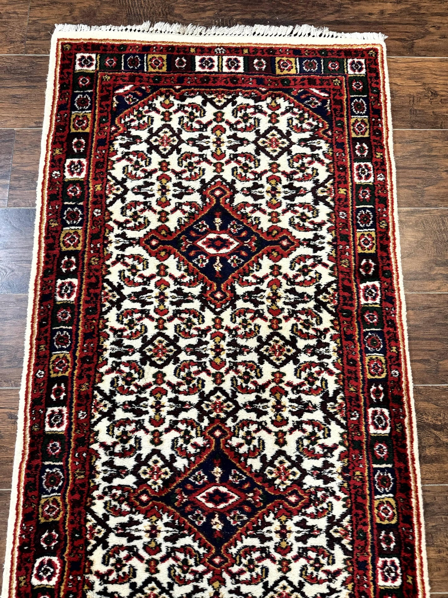 Indo Persian Bidjar Runner Rug 2.8 x 10, Vintage Rug for Hallway, 10ft Runner, Wool Handmade Ivory and Red, Medallions