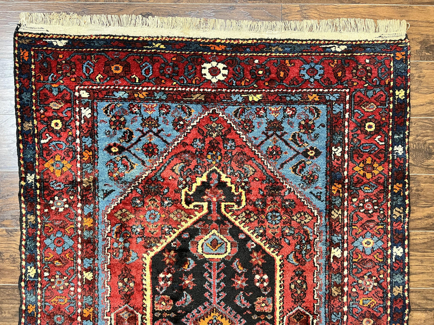 Antique Persian Tribal Rug 4x7, Wool Handmade 1920s Carpet, Red Blue, Persian Hamadan Rug