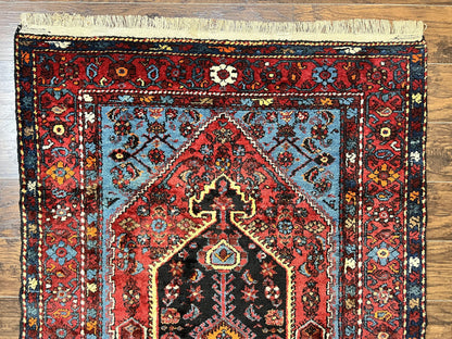 Antique Persian Tribal Rug 4x7, Wool Handmade 1920s Carpet, Red Blue, Persian Hamadan Rug