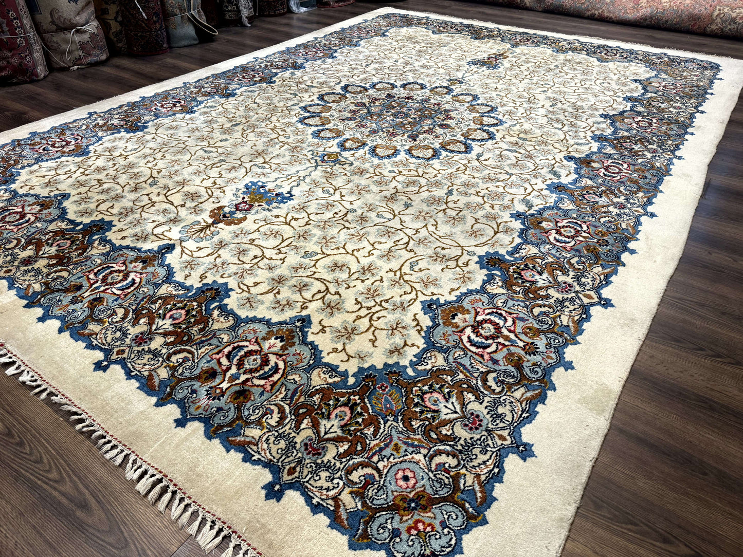 Persian Kashan Rug Hand Knotted Wool 9 X 12.6 Ivory And Blue Floral Medallion Semi Antique Carpet