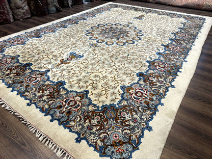 Persian Kashan Rug Hand Knotted Wool 9 X 12.6 Ivory And Blue Floral Medallion Semi Antique Carpet