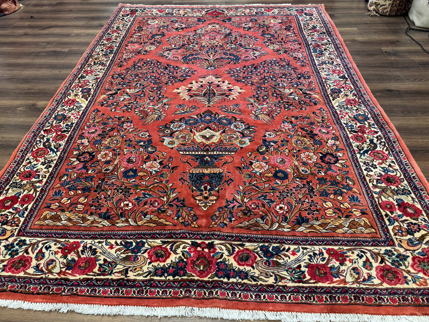 Persian Sarouk Rug 7x10 Red Ivory Floral Bouquets With Birds