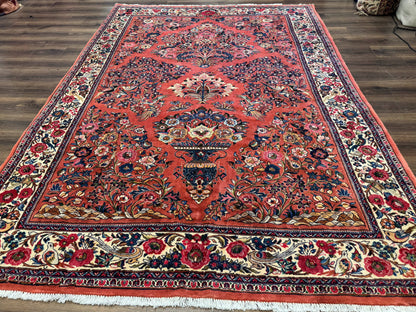 Persian Sarouk Rug 7x10 Red Ivory Floral Bouquets With Birds