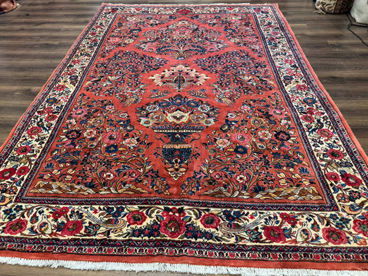 Persian Sarouk Rug 7x10 Red Ivory Floral Bouquets With Birds