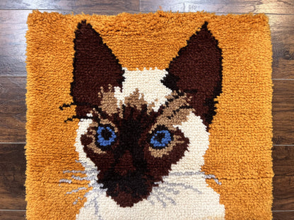 Small Shag Rug with Siamese Cat Pictorial, 2x3 ft Rug, Wool, Vintage, Danish Rya Shag Rug, Orange