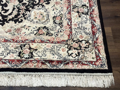 Indian Kashmiri Silk Rug, Floral Medallion, Vintage Hand Knotted Carpet