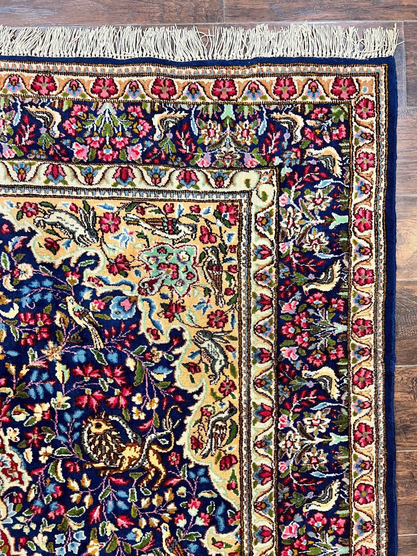 Persian Kirman Rug 6x9, Floral Medallion Vintage Wool Handmade Carpet 6 x 9, Animal Pictorials Birds, Semi Antique, Navy Blue, Millefleur