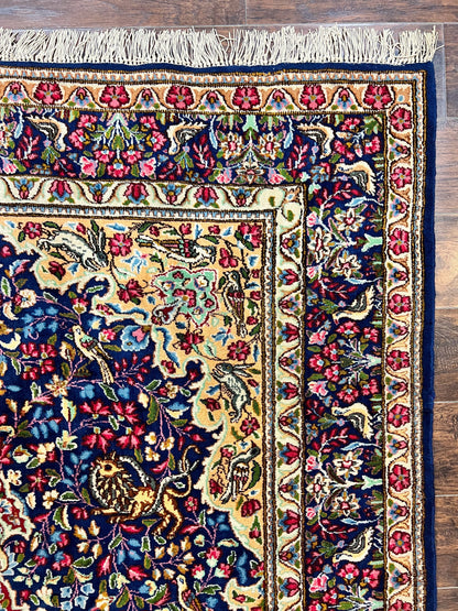 Persian Kirman Rug 6x9, Floral Medallion Vintage Wool Handmade Carpet 6 x 9, Animal Pictorials Birds, Semi Antique, Navy Blue, Millefleur