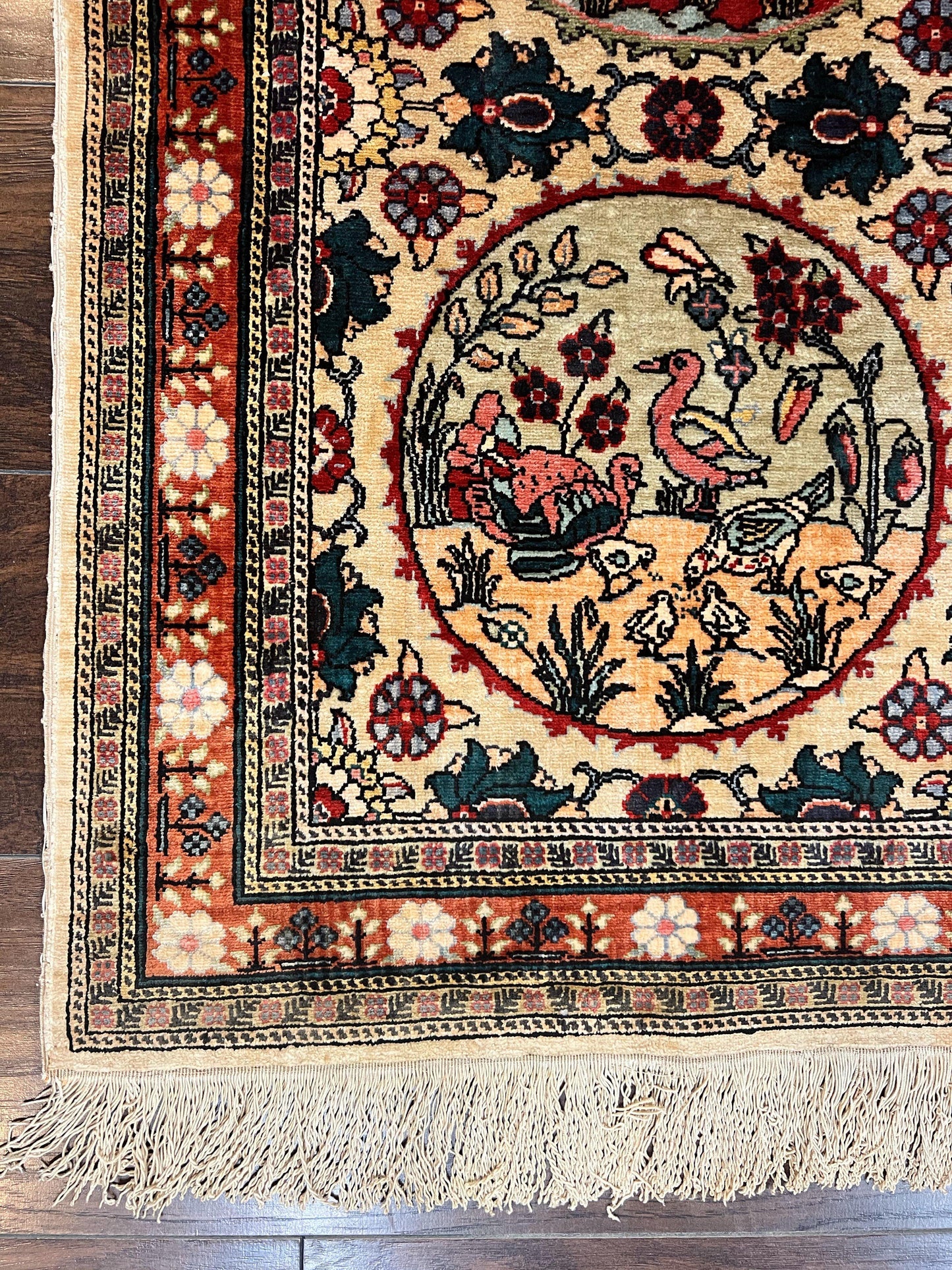 Silk Turkish Rug 2x4, Fine Handmade Oriental Rug, Animal Pictorial Birds Silk Pile on Silk Foundation Vintage Hand Knotted Hereke Carpet