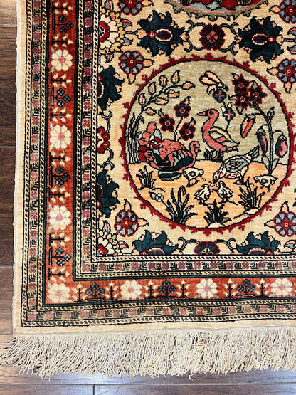 Silk Turkish Rug 2x4, Fine Handmade Oriental Rug, Animal Pictorial Birds Silk Pile on Silk Foundation Vintage Hand Knotted Hereke Carpet