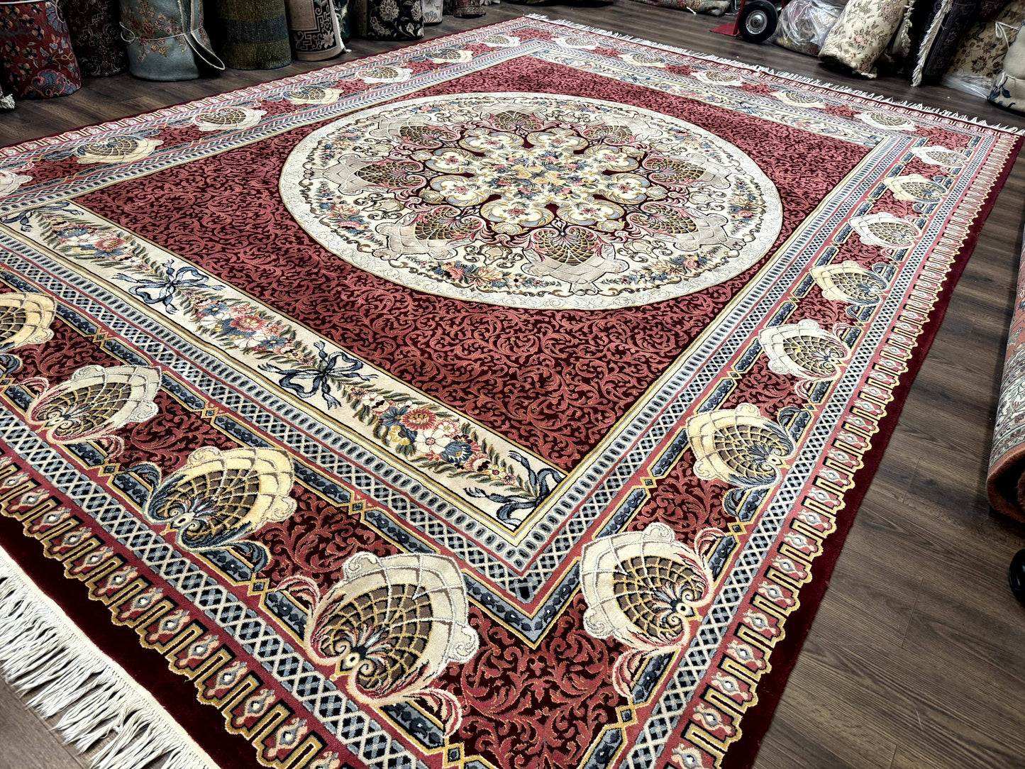 Aubusson Rug 10x14 Vintage Hand Knotted Wool Red Maroon Elegant Fine 200 KPSI