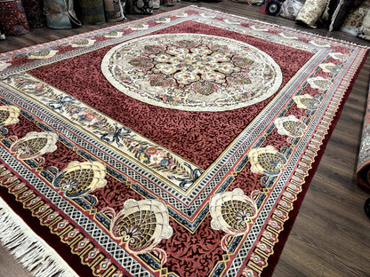 Aubusson Rug 10x14 Vintage Hand Knotted Wool Red Maroon Elegant Fine 200 KPSI