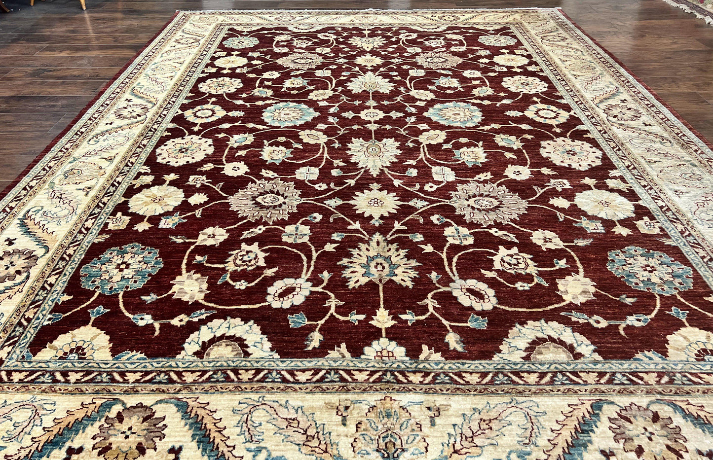 Peshawar Rug 9x11, Pakistani Oriental Carpet, Maroon and Beige, Floral Allover, Wool Hand Knotted Handmade Vintage Rug