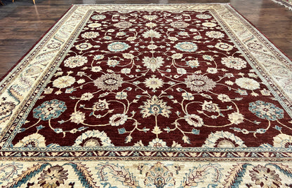 Peshawar Rug 9x11, Pakistani Oriental Carpet, Maroon and Beige, Floral Allover, Wool Hand Knotted Handmade Vintage Rug