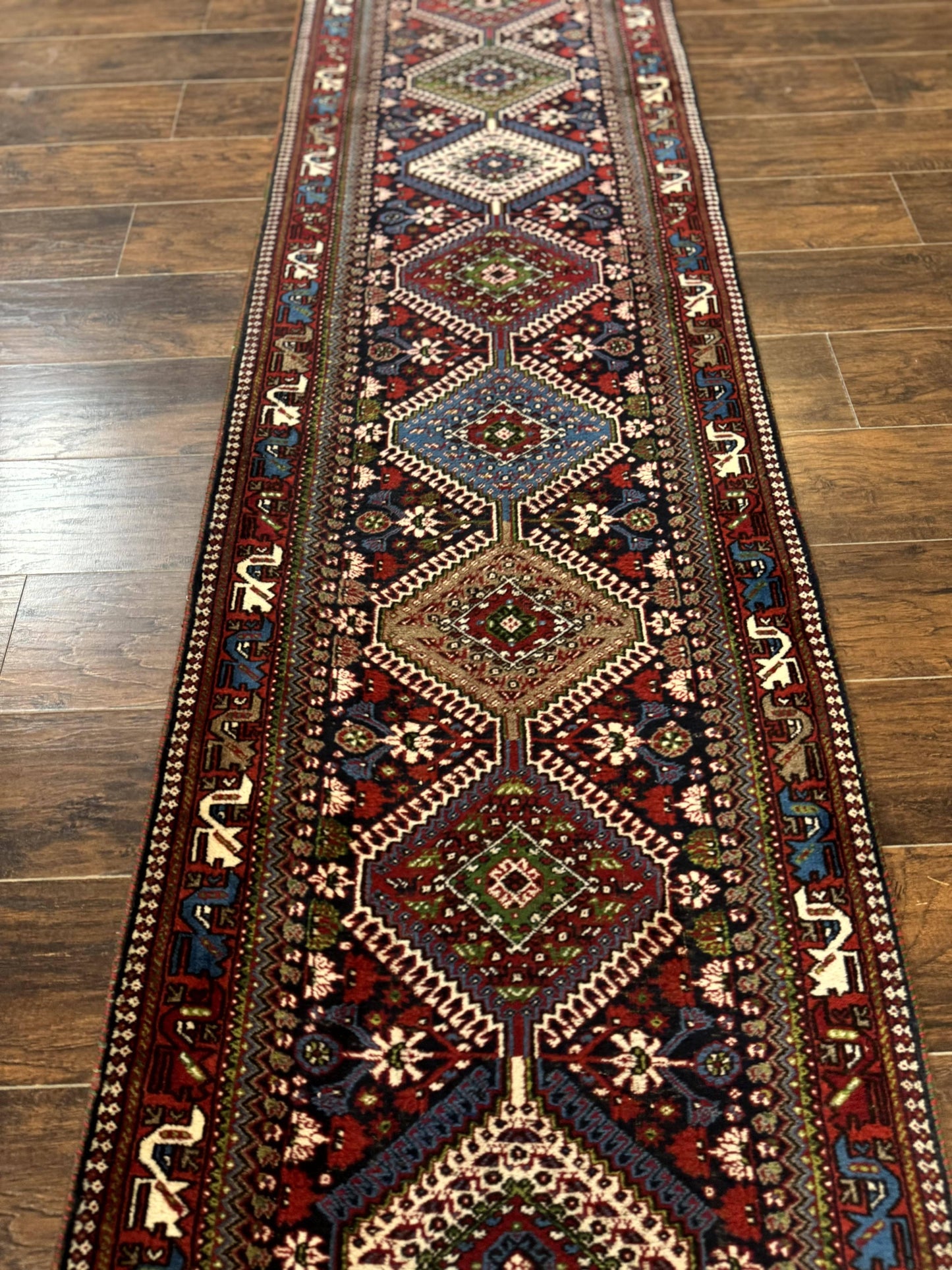 Persian Tribal Runner Rug Hand Knotted Wool Navy Blue Hallway Carpet Antique Shiraz Design