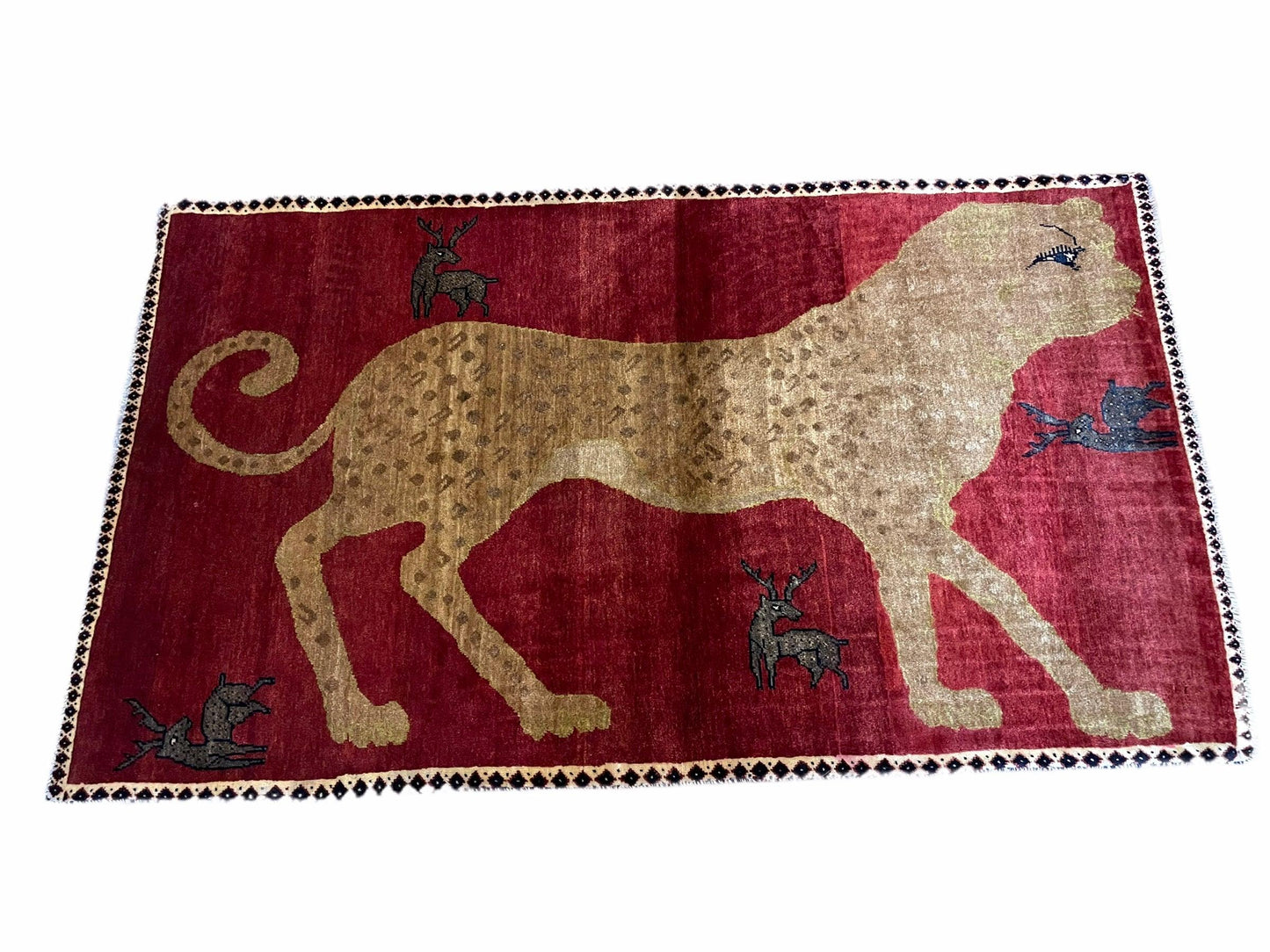 Leopard Print Wool Rug 3.5 By 6 Feet Hand Knotted Vintage Quality Handmade Red Tribal Area Rug