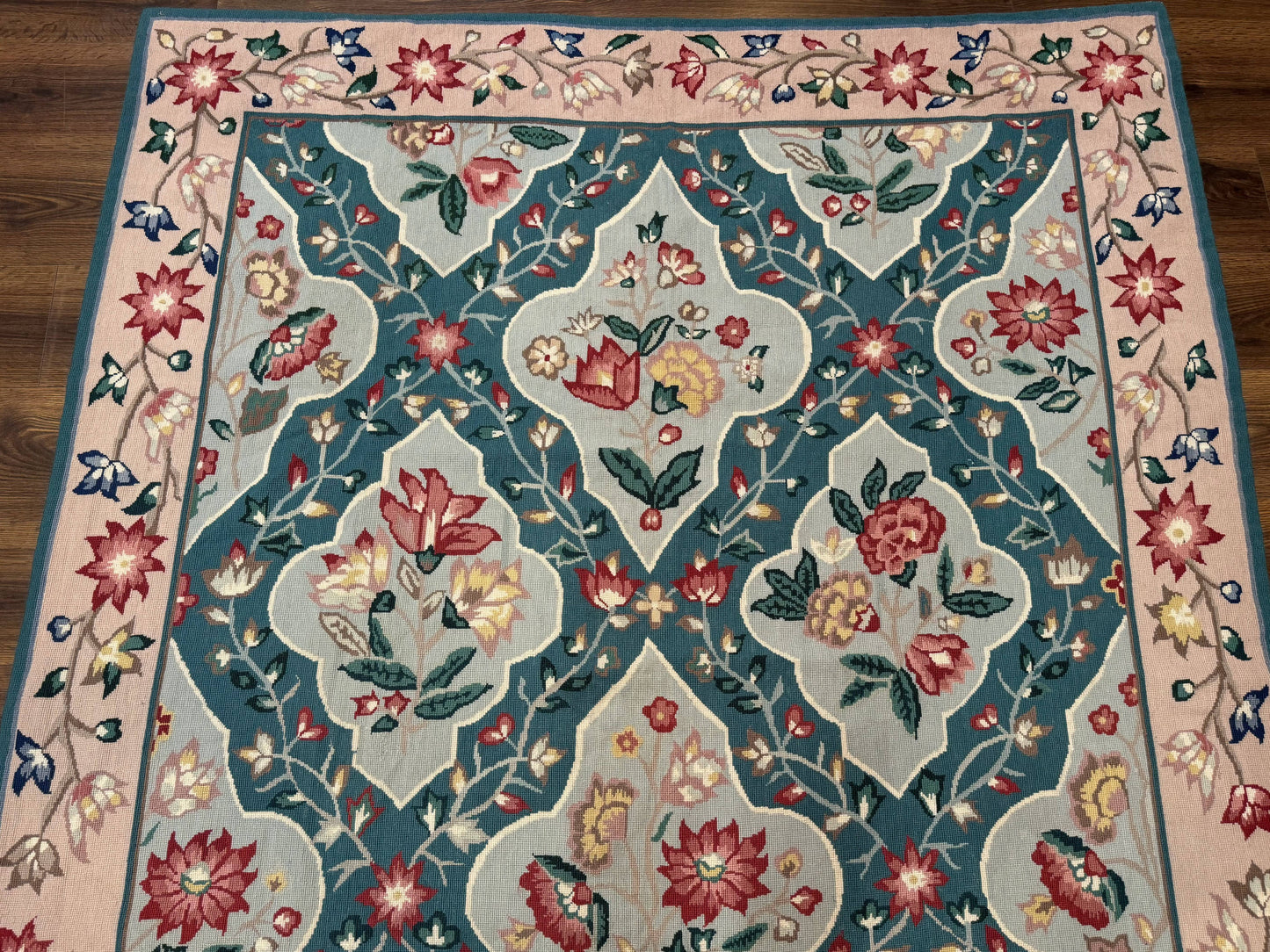Teal Needlepoint Rug 6x9, Panel Design, Floral Bouquets, Handmade